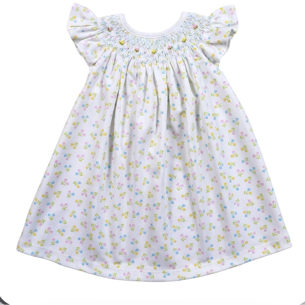 Baby Loren Tulips White Smocked Floral Print Kids Dress Flutter Sleeves 6-9 mo